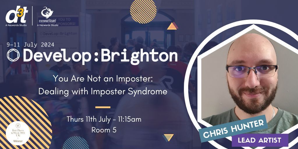 Save the date! If you're attending @developconf this year, why not stop by room 5 on Thursday 11th July to hear from our Lead Artist, Chris Hunter, and Jasper Barnes who will be discussing imposter syndrome and how you can use it as a tool for growth! #GoTeam #KeywordsStudios