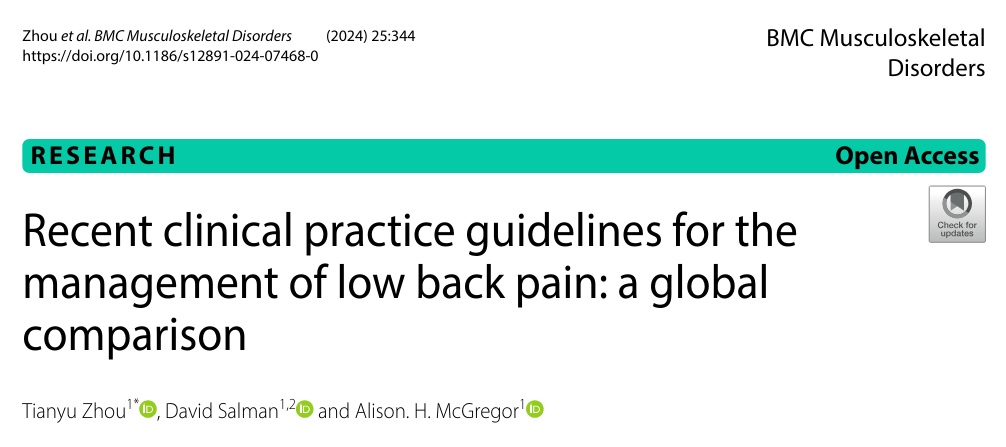 Summary of LBP guidelines across the world. Spinal manipulation consistently recommended for acute, subacute and chronic LBP. Open access here: …musculoskeletdisord.biomedcentral.com/articles/10.11…