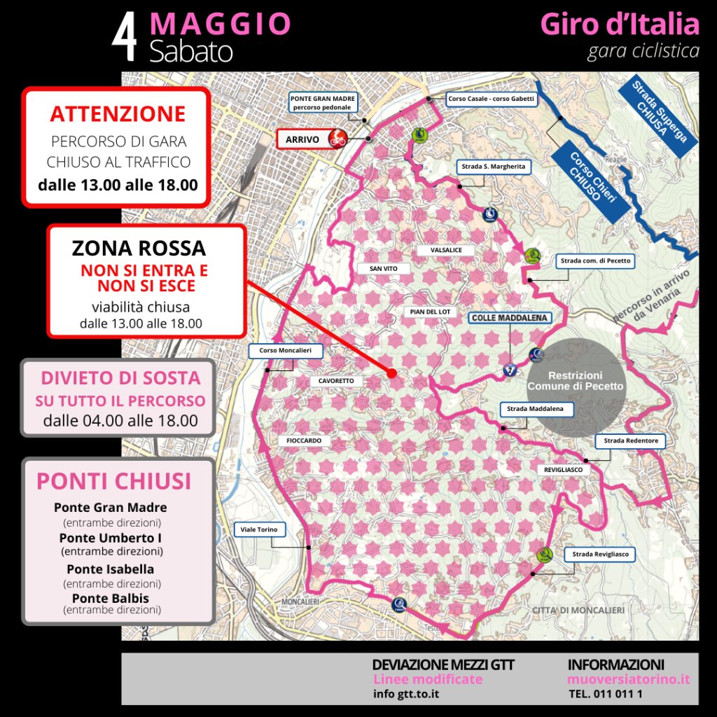 Giro d’Italia. Il 4 maggio previste modifiche viabili in collina e precollina torinoclick.it/trasporti/giro… #Torino