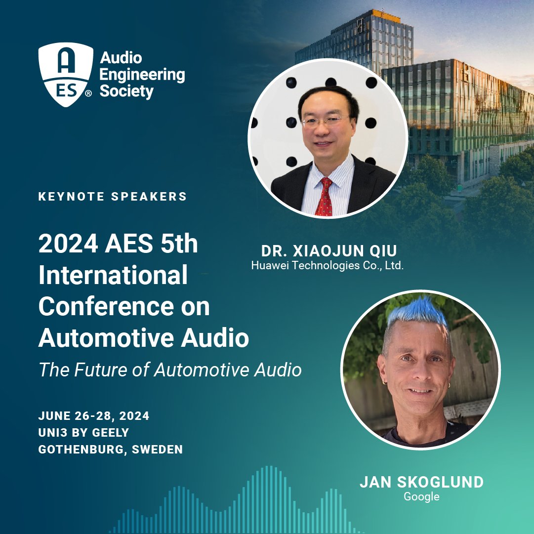 🚨 Breaking News! 🚨 Google's Jan Skoglund and Huawei Technologies' Dr. Xiaojun Qiu will be the keynote speakers for the 2024 AES 5th International Conference on Automotive Audio. Register now: …ce-on-automotive-audio.events.aes.org #AESConference #AutomotiveAudio #KeynoteSpeakers