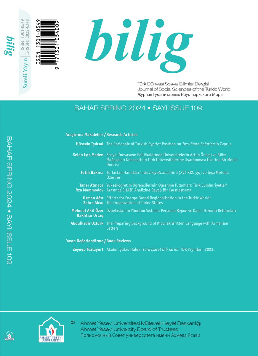 Dergimizin 109. sayısını sizlere sunmanın mutluluğunu yaşıyoruz. Bu sayımızda Türk dünyasının kültürel zenginliğini ve güncel sorunlarını farklı yönleriyle ele alan 7 makale yer almaktadır. Makalelerin tamamına bilig.yesevi.edu.tr adresinden ve Dergipark'tan erişebilirsiniz.
