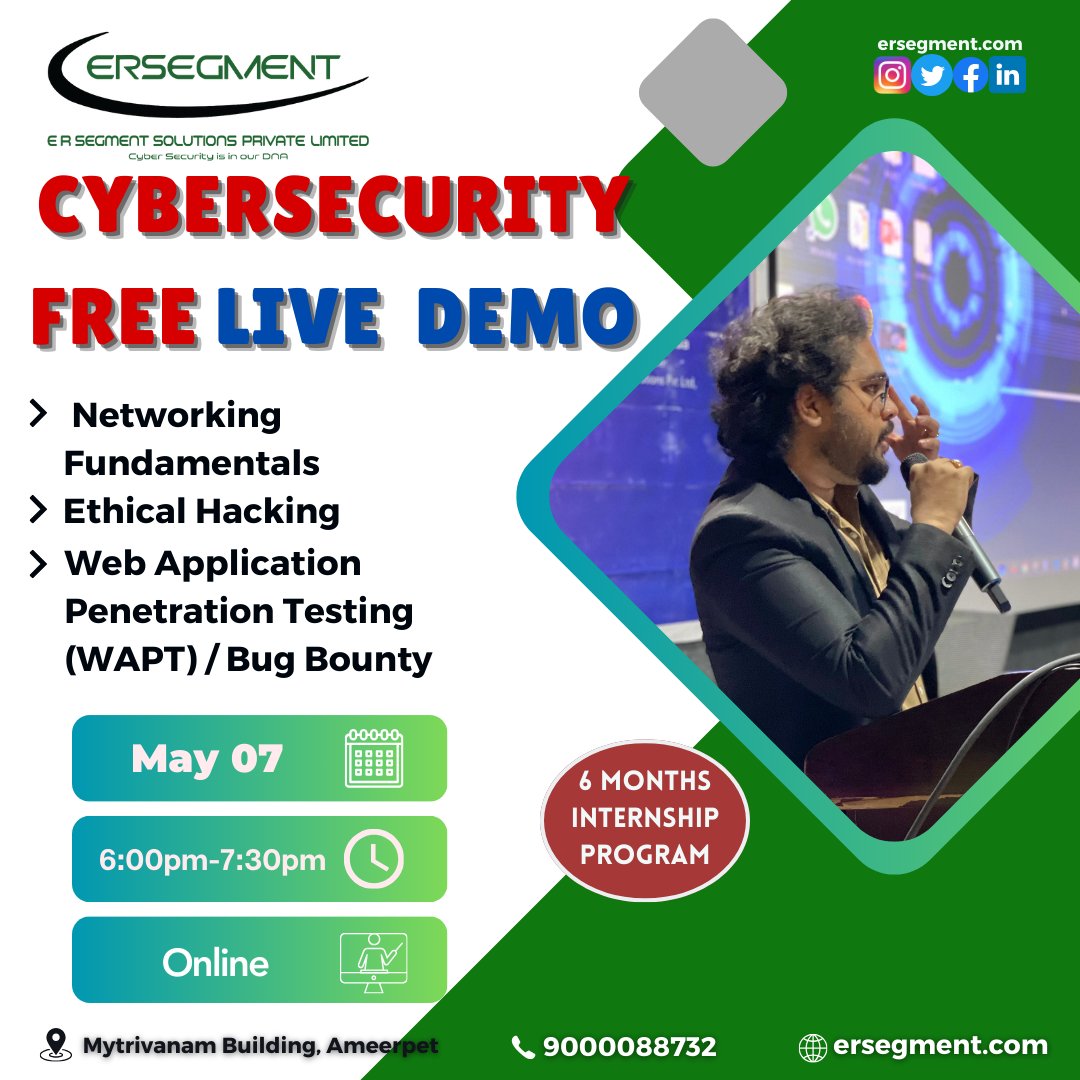 #Cybersecurity #OnlineSecurity #InfoSec #CyberAware #DataProtection #ITSecurity #DigitalSecurity #CyberSafety #FreeEvent #LiveDemo #TechEvent #CyberDefense #CyberAwareness #LearnCybersecurity #ProtectYourself #kartheekchanda #ersegmentsolutionspvtltd #ersegment