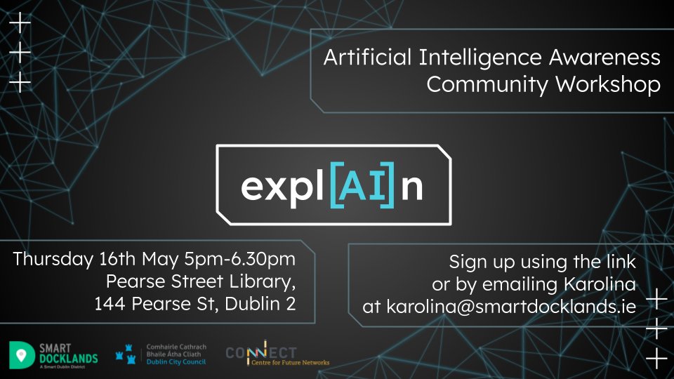 Want to learn more about AI and Generative AI? Join us for the AI Awareness Community Workshop on the 16th of May from 5pm to 6.30pm in Pearse Street Library. Sign up here: eventbrite.com/e/887590004597… or by emailing Karolina at karolina@smartdocklands.ie.