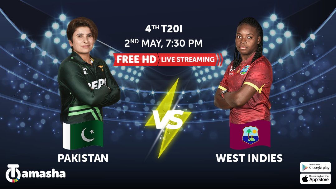 West Indies women ne kar li hai apni T20I 🏏 supremacy establish! 💪🏻 Kya team 🇵🇰 save face kar sakay gi? FREE live stream karo in HD Pak 🆚 WI ka 4th T20I match, TODAY at 7:30PM 🕢 on Tamasha. Download now: onelink.to/sg2fps 🤳🏻