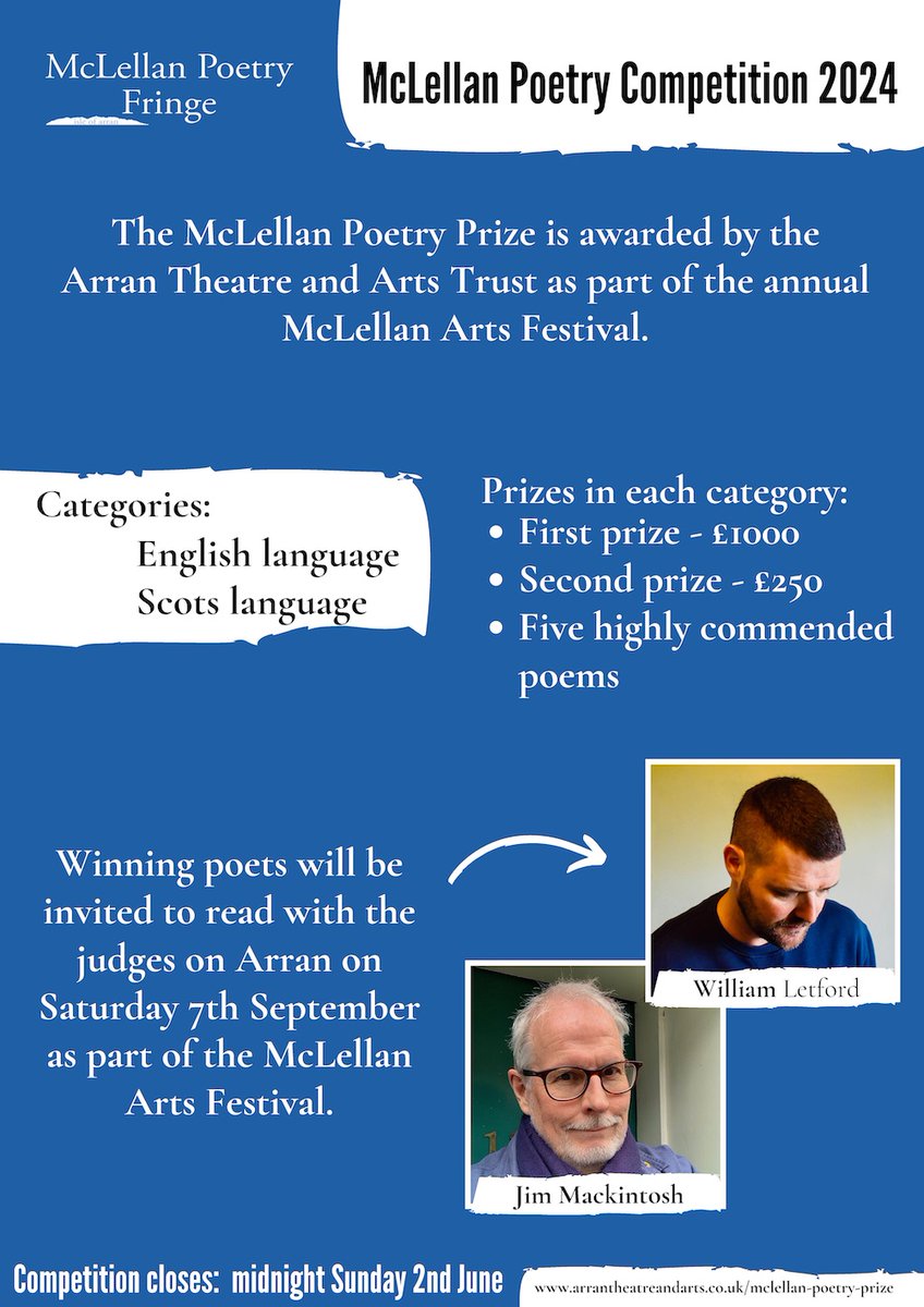 🚨 #Poets ! Just 1 month left to submit work – in English & Scots – to the 2024 McLellan Poetry Competition Deadline 2 JUNE @ByLeavesWeLive @StAnzaPoetry @FedWritersScot arrantheatreandarts.co.uk/poetry-competi…