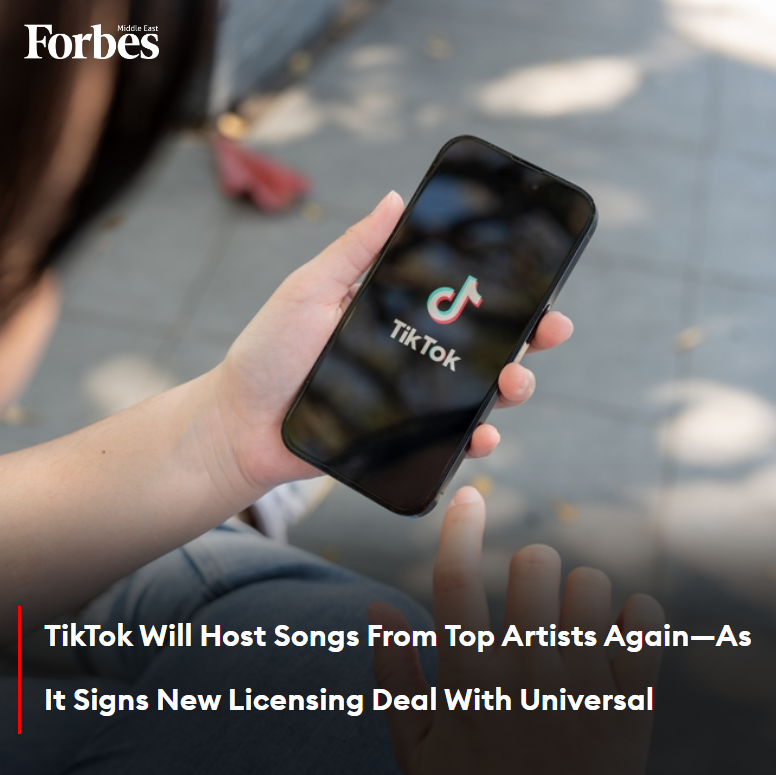 Universal Music Group and #TikTok have announced a new licensing deal, ending a three-month standoff over TikTok’s handling of artist payments and #AI-generated content. #Forbes For more details: 🔗on.forbesmiddleeast.com/1e22c7