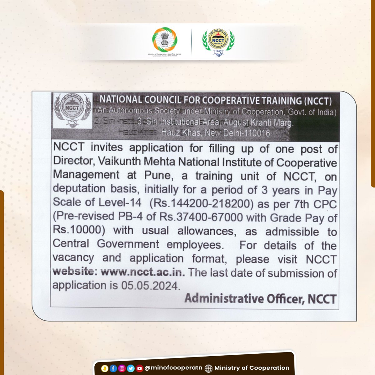 National Council for Cooperative Training (NCCT) is inviting applications for the post of Director, @VAMNICOM_Pune on Deputation basis. 🗓️ Last Date to Apply: 05.05.2024 For more details please visit NCCT's website 🔗ncct.ac.in #Recruitment #Jobs #hiring #NowHiring