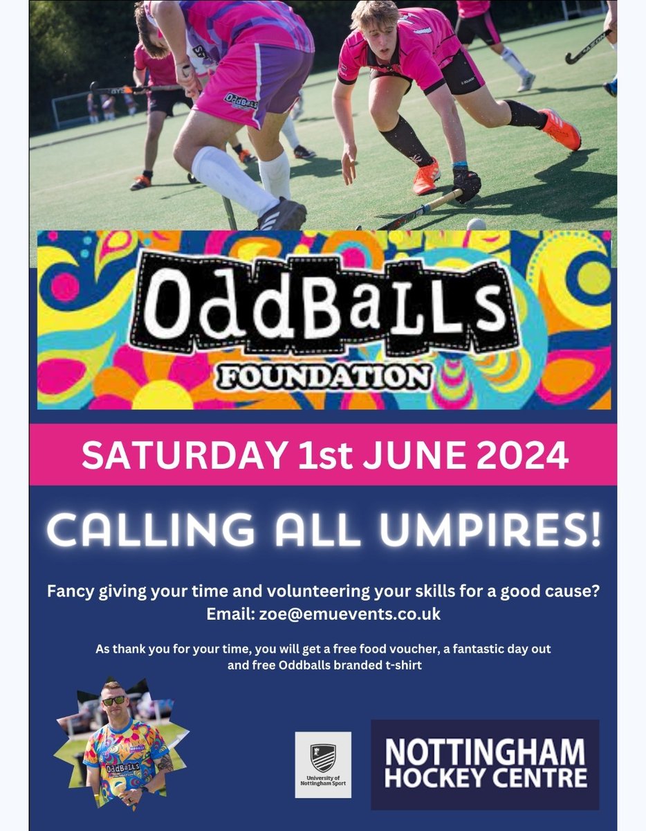 <a href="/NPUAhockey/">NPUA</a> <a href="/MRHARESULTS/">Midlands Hockey</a> if there are any umpires out there who could help us with this event that would be amazing.
All for a great cause  at Beeston HC <a href="/myoddballs/">OddBalls</a> Festival 😊
Please get in touch with me!
