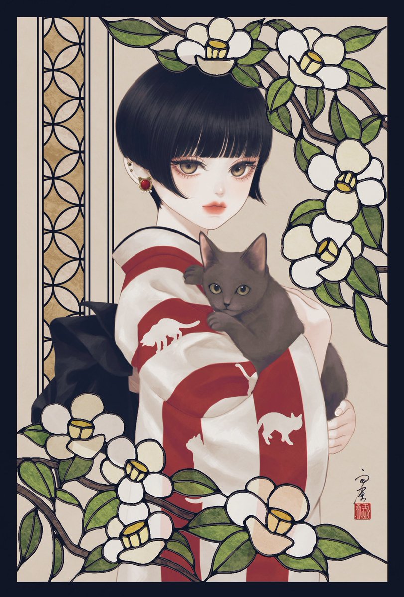 1girl solo looking at viewer short hair black hair long sleeves holding  illustration images