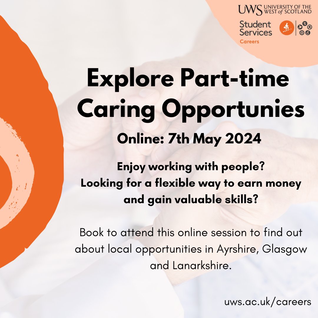 If you like working with people, a part-time job in care can provide a flexible way to earn money & gain valuable skills. Interested?  Come along to our online session on 7th May to hear about opportunities in Ayrshire, Glasgow and Lanarkshire. Book here
uws.careercentre.me/u/dggiv2tj