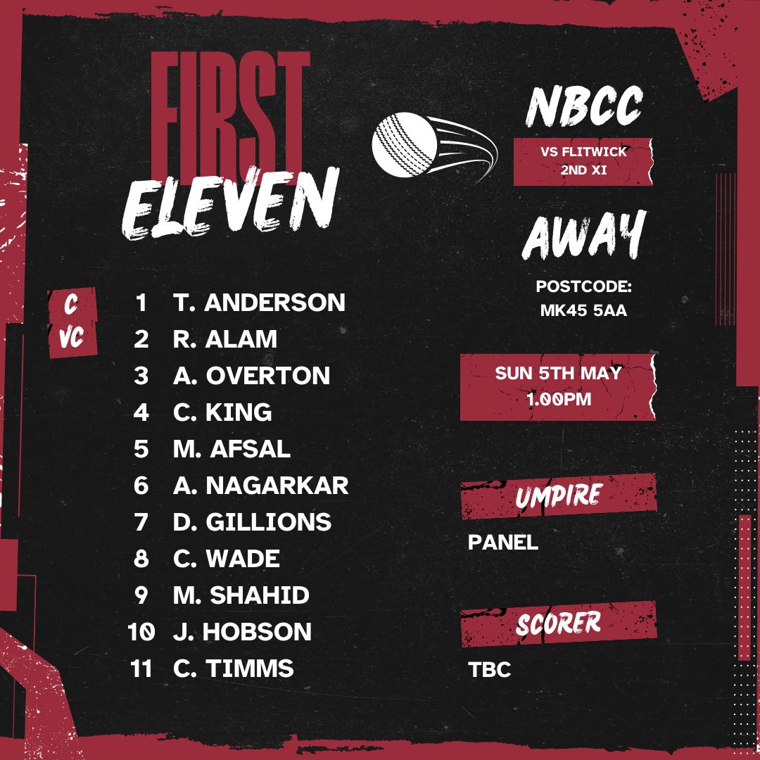 Sunday's team news is in too! 🥰

The 1st XI attempt to get their @BedsLeague campaign up and running, after last week's washout!

They head to Flitwick!

📍 Away (MK45 5AA)
🆚 @FlitwickCC
⏰ 1.00pm

Best of luck! 🏏

#NBCC #VillageCricket #GetTheGameOn
