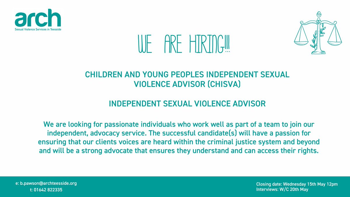 As our service provision expands, so does our Team! 🌟We are are looking for an ISVA & a CHISVA who can deliver specialist support to victims and survivors of sexual violence & abuse.💚 To find out more information please contact ISVA Lead 01642 822331👇 archteesside.org/job-vacancies/