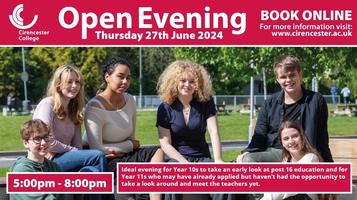 Cirencester College is hosting an Open Evening on Thursday 27th June for students in Years 10 and 11. To book a place and for more info visit buff.ly/4b17tHk