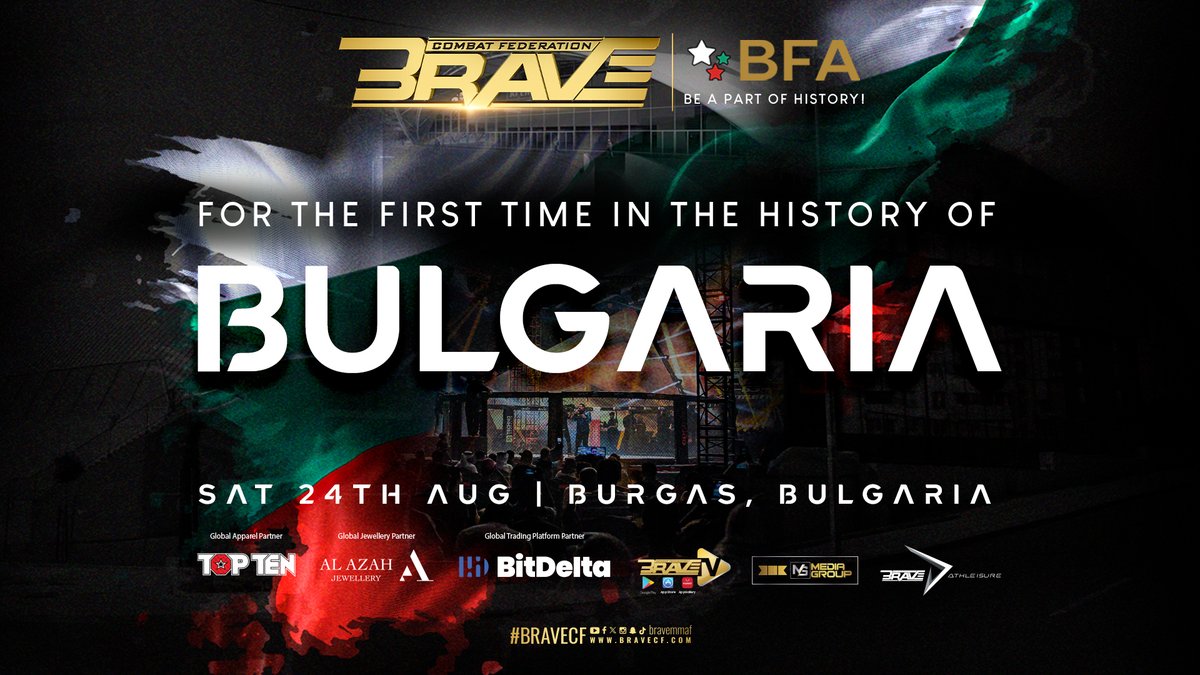 🚨BRAVE CF set for debut in Bulgaria🇧🇬

Bulgaria is set to become the record-extending 14th European host of #BRAVECF when we land in Burgas this August🤩

Stay tuned for more updates on the Fight Card🔥 

[#BRAVECF #MMA #Burgas #Bulgaria]