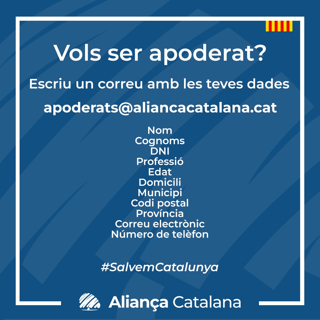 Si ets militant o simpatitzant d'@CatalunyaAC, et necessitem a LLEIDA, PIRINEU i ARAN!

Cada cop queda menys pel 12-M i és important assegurar el joc net a les urnes. Encara som a temps d'aconseguir-ho! Fes-te apoderat!

#SalvemCatalunya amb @CatalunyaAC