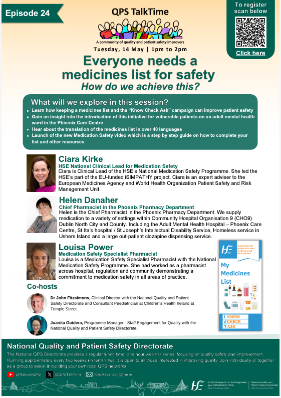 Interested in Medication Safety? QPS Talktime with @NationalQPS on May 14th 'Everyone needs a medicines list for safety, How do we achieve this?' @CUH_Cork @IrelandSouthWID @CorkKerryCH @BGHsswhg @HospitalMallow @uhknursing @mercy_nursing @NursingSIVUH @RANP_AcuteMed @AMGalvinCUH