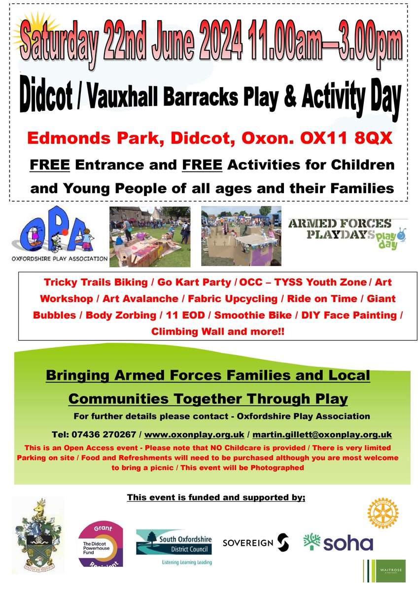 We will be returning for our annual Didcot / Vauxhall Barracks Play & Activity Day on Saturday 22nd June 2024 As usual at our Community Playday events Entrance and Activities are FREE to ensure an Inclusion for ALL See You There! @DidcotTC @SohaHousing @sovereignha @SouthOxon