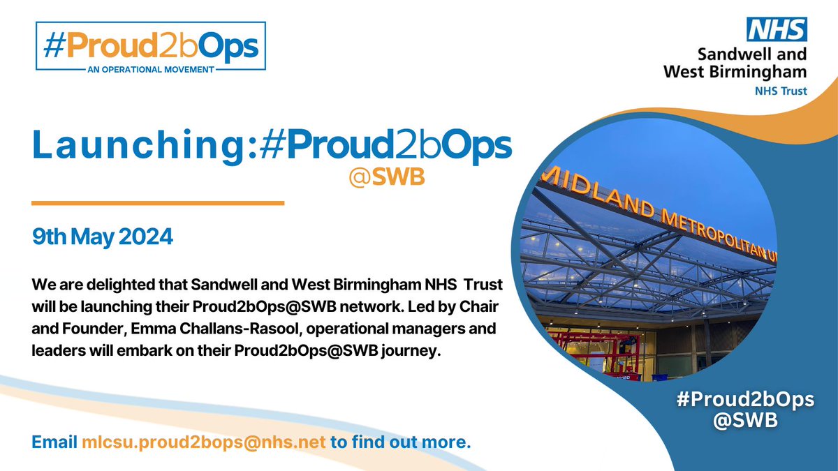 🎉 One week to go until we launch the Proud2bOps@SWB Network at Sandwell and West Birmingham NHS Trust! Led by the Founder and Chair, Emma Challans-Rasool and other special guest speakers, operational managers and leaders will embark on their #Proud2bOps journey.