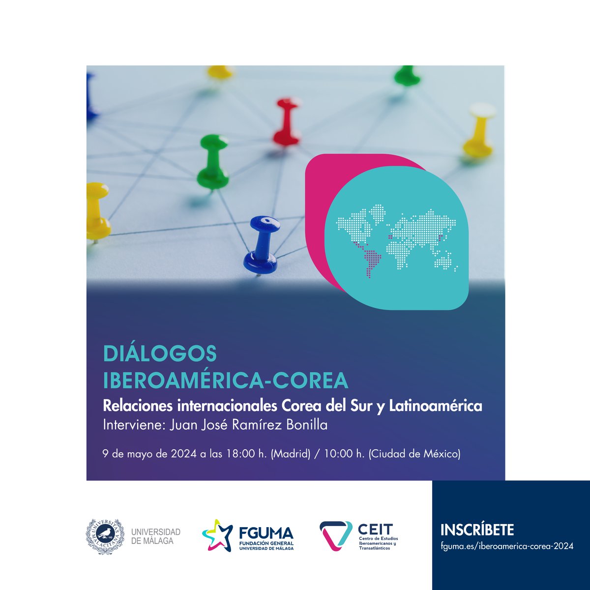 🇰🇷 La semana que viene celebramos la tercera sesión del II ciclo 'Diálogos Iberoamérica-Corea', titulada 'Relaciones internacionales Corea del Sur y Latinoamérica', a cargo de Juan José Ramírez Bonilla, investigador del @CEAAColmex. ➕ℹ️ Inscríbete: fguma.es/iberoamerica-c…