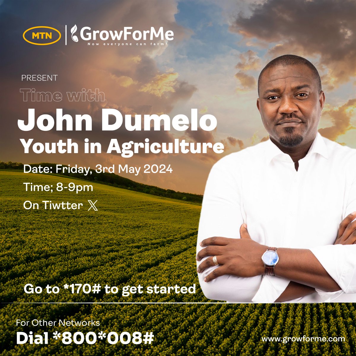 Join us tomorrow at 8:00pm as John Dumelo discusses Youth in Agriculture. @UNCDF @johndumelo #timewithJD #youthinagriculture