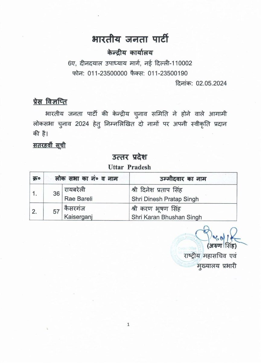 भाजपा की केंद्रीय चुनाव समिति ने आगामी लोकसभा चुनाव 2024 हेतु अपनी 17वीं सूची में निम्नलिखित दो नामों पर अपनी स्वीकृति प्रदान की है। बहुत-बहुत बधाई और शुभकामनाएँ।