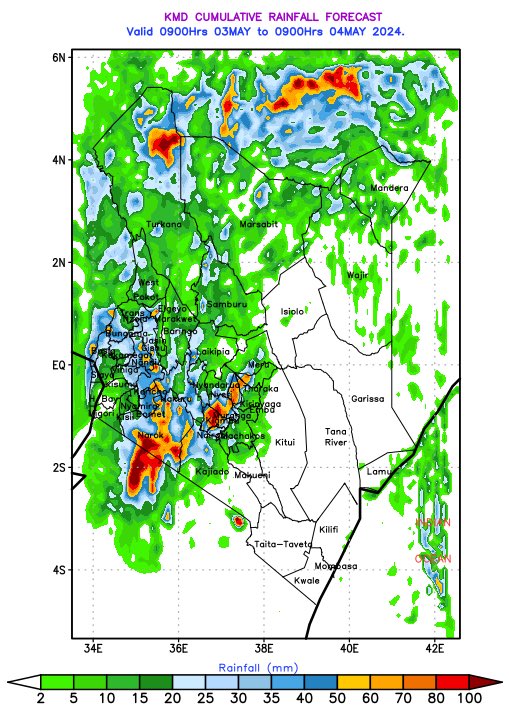 1/ 🌧️ Heavy rainfall of more than 40mm in 24hrs expected across Lake Victoria Basin, Rift Valley, Nairobi, and Southeast Lowlands from May 2nd to 4th. This may extend to northern Kenya on May 3rd-4th.