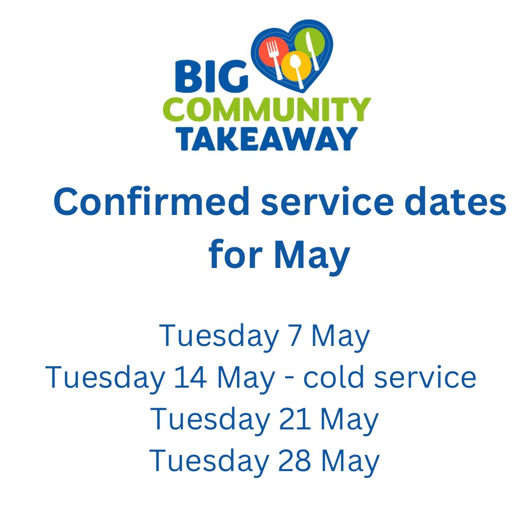 Hello all

Here are our confirmed dates for May. 

The menu for next week will be published soon!

Happy Thursday!

Team BCT 💙♥️💚💛

#chesham #amersham #charity #food #foodpoverty #teambct