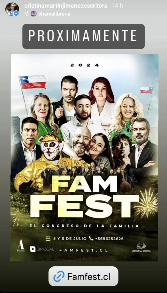 Estaré en Santiago de Chile los próximos 5 y 6 de julio en el FAMFEST, el Festival de la Familia, organizado por la librería Chema @ChemaLibreria Lugar del evento: Espacio Riesco Contacto: contacto@famfest.cl Link de inscripción: famfest.cl