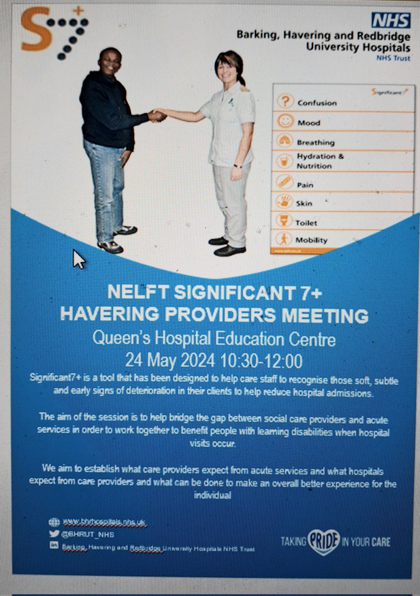 Significant7+ are working with BHRUT LD leads & excited to bring social care providers & acute services together this month to help make hospitals less distressing for people with learning disabilities @NELFT @nutsaboutnursin @Suzanne70889915 @wmakala @BHRUT_NHS #workingtogether