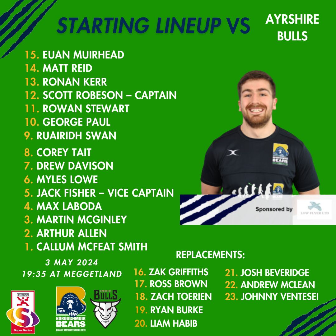 Here it is, your 🐻s team to play against @AyrshireBulls tomorrow evening. Food and refreshments will be provided throughout the evening by Canalside Come and see the next generation as the Primary 7s showcase their skills at half time Tickets available boroughmuirbears.co.uk