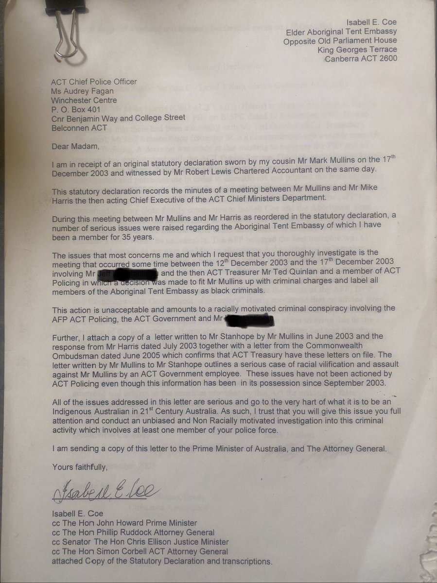 The attached letter written by Ms Isabell Coe of the Aboriginal Tent Embassy to then ACT Chief Police Officer Ms Audrey Fagan was sent shortly before Ms Fagan’s untimely death on 20 April 2007. Prior to her suicide, Ms Fagan had assured Ms Coe that all the issues raised in the…