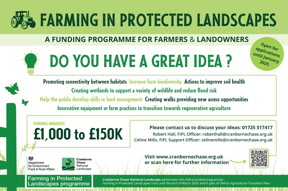 Are you a farmer or landowner with a great idea for a project within, or which benefits, Cranborne Chase National Landscape?  🚜🐄🌳

Find out more about FiPL funding... cranbornechase.org.uk/our-work/farml…

#farming #fipl #cranbornechase #nationallandscapes