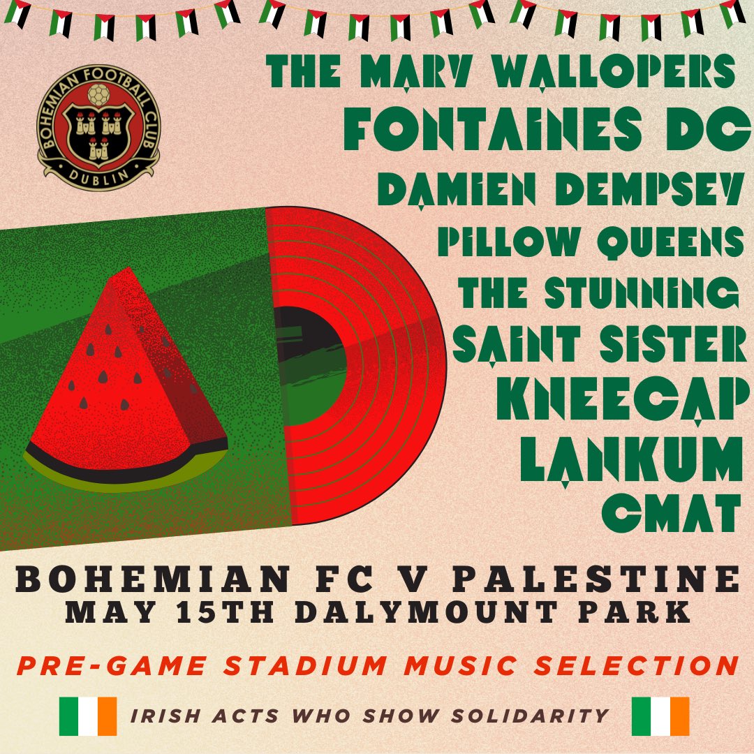 Bohemian FC v Palestine. Jodi Stand now SOLD OUT. Grab tickets fast for other stands. 🎶Our stadium music selection before the game will feature all Irish artists who’ve supported and shown solidarity with Palestine. Join us for a very special game to show solidarity with…