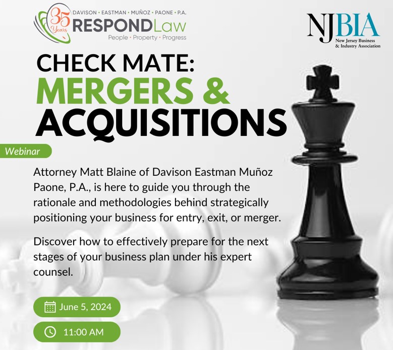 Join our partner attorney @MattBlaine for a 60-min 'Mergers & Acquisitions' webinar with @NJBIA 11:00am Wed June 5 ** REGISTER HERE: njbia.org/events/ma-june… #respondlaw #newjerseybusiness #njlawfirm #monmouthcountynj #oceancountynj