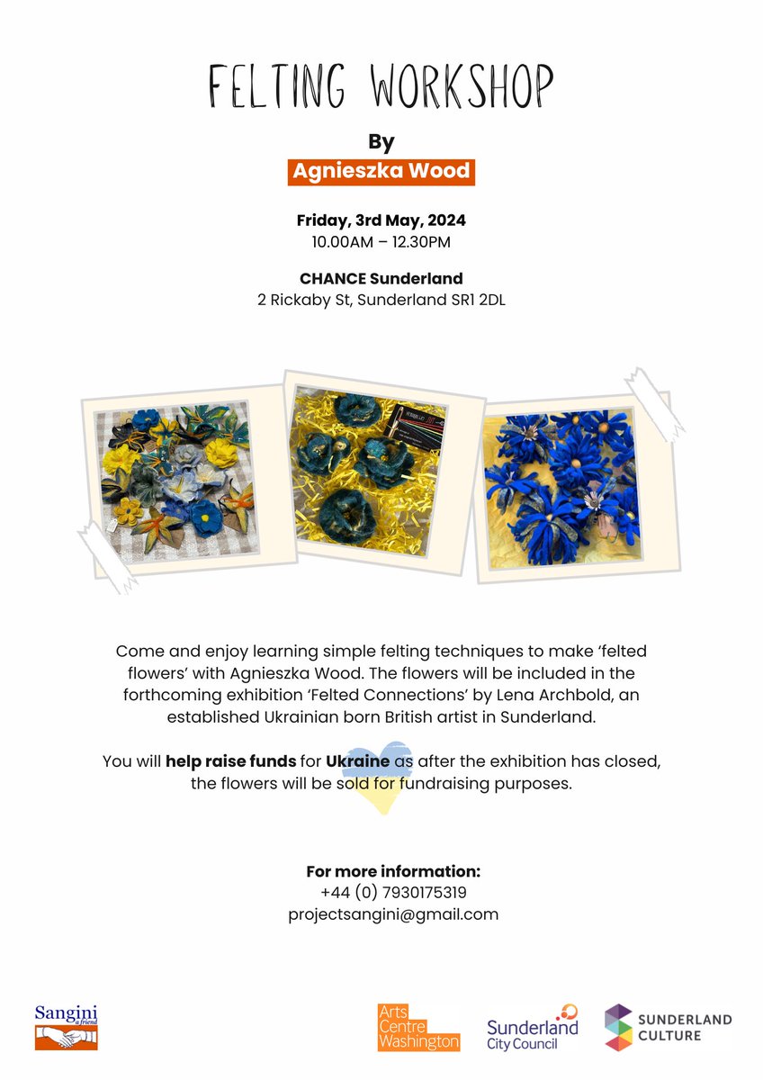 Felting Flowers 
Looking forward to this fun Workshop by Agnieszka Wood
10 am at CHANCE, Sunderland SR1 2DL