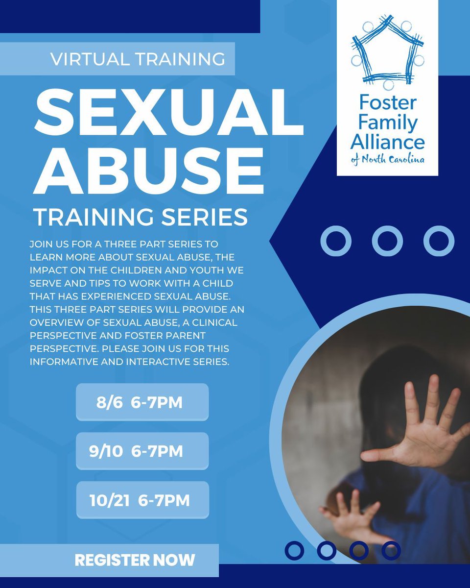 Important series- register now! 🗓️ 8/6- 6PM - Register at buff.ly/3PBc8Hm 🗓️ 9/10- 6PM - Register at buff.ly/3vqWzeD 🗓️ 10/21- 6PM - Register at buff.ly/4a85scb #FFA #fostercare #socialworker #sexualabuseeducation #trauma #traumaeducation