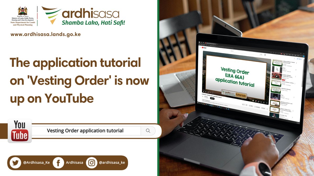 We have a new tutorial on the 'Vesting Order' application process. You can access the video through this link: youtube.com/watch?v=f-W9_9… #Ardhisasa #ShambaLakoHatiSafi