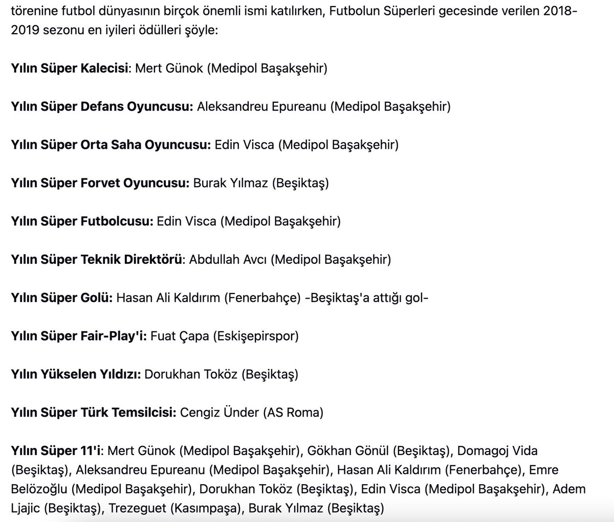 5. yılında efsaneyi hatırlayalım: 2018-2019 Futbolun Süperleri Ödülleri. 2 Mayıs 2019'daki ödül töreninde, 3 hafta sonra sezonu şampiyon bitirecek Galatasaray'dan yılın 11'ine giren tek oyuncu bile yoktu. Bu ödül organizasyonu o yıldan sonra bir daha düzenlenmedi.