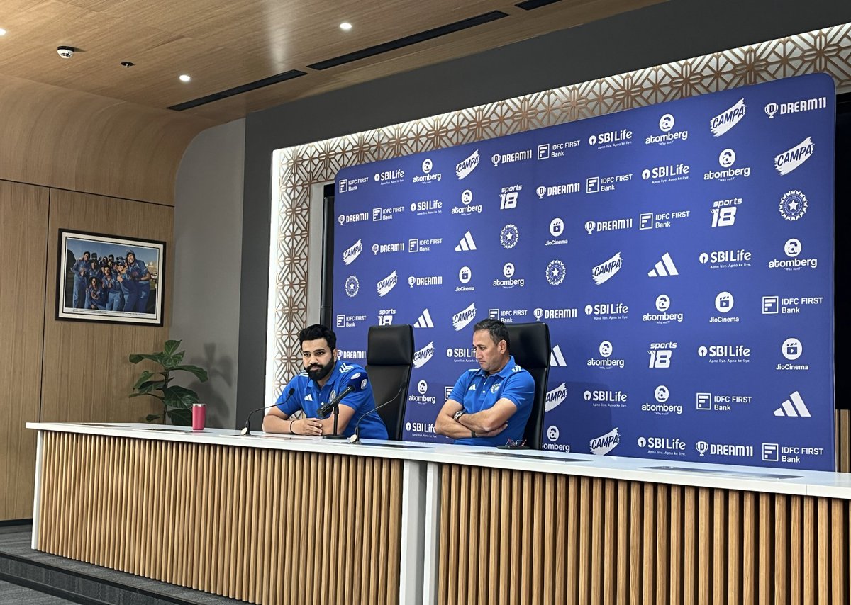 🎙️The press conference commences at the BCCI HQ 📍 #TeamIndia Captain Rohit Sharma and Mr. Ajit Agarkar, Chairman of Men's Selection Committee are here 🙌 #T20WorldCup | @ImRo45