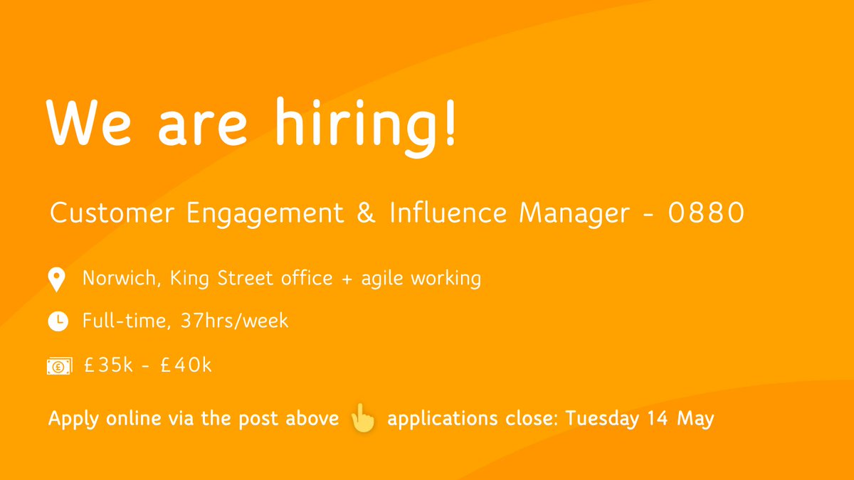 Now #hiring for #CustomerEngagement and Influence #Manager to join our #CustomerExperience team 👇 Ref: 0880 🕔 37hrs/week, Mon-Fri | 💷 £35k - £40k | 📅 deadline 14 May | 📍 #Norwich, King Street office + agile working | 🔗 ce0636li.webitrent.com/ce0636li_webre…