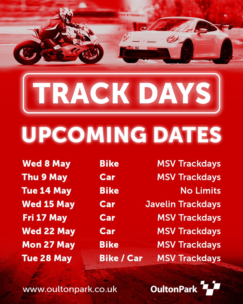 Upcoming track days this month 🏁 View the full car and bike track day calendars below 👇 🚗 oultonpark.co.uk/calendar/track… 🏍 oultonpark.co.uk/calendar/track…