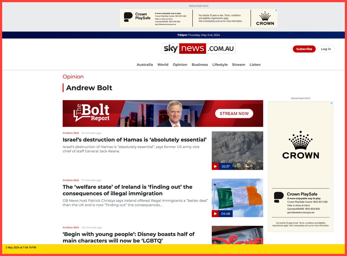 @CrownResorts, your advertising on Sky News Australia’s after-dark opinion pages is funding climate science denialism, racism, misogyny and genocide. Does such programming reflect your corporate values? Please reflect on your choice of advertising platforms. cc @slpng_giants_oz