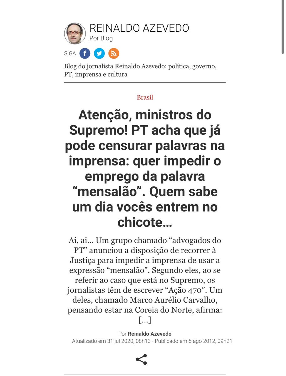 Hoje é quinta e voltamos a nossa programação normal com #Tbt primoroso, do saudoso Reinaldo Azevedo no Multiverso petista. 

Palavras dele:

- “O PT quer revogar os Artigos 5º e 220 da Constituição, que asseguram a liberdade de expressão. Acho que a intenção representa um…