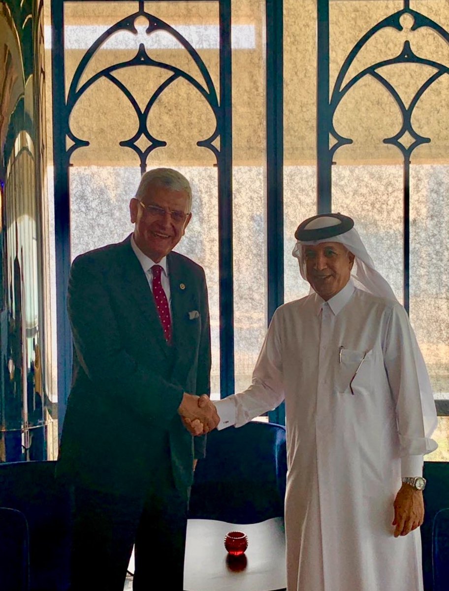 It was a pleasure to meet again with dear friend HE Soltan bin Saad Al-Muraikhi, State Minister for Foreign Affairs of #Qatar, at the Opening Ceremony of the Council of the Presidents of the @UN General Assembly in Doha.. @UNCPGA @UN_PGA 🇹🇷🤝🇺🇳🇶🇦