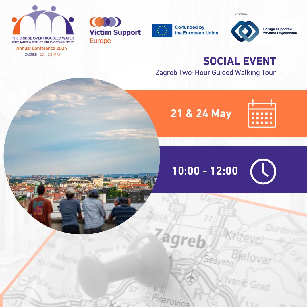 VictimSupportEU's tweet photo. ✨ We're happy to announce the first social event of #VSEAC2024, a guided walking tour of Zagreb!
Register now: https://t.co/Zhj4ugql1k
Learn more: https://t.co/ipV2W0zKxI
#VictimSupportEU #VictimSupportForAll @Europarl_EN @EU2024BE @NPC_116006 @zagreb_tourist https://t.co/lge0zkxJ8k