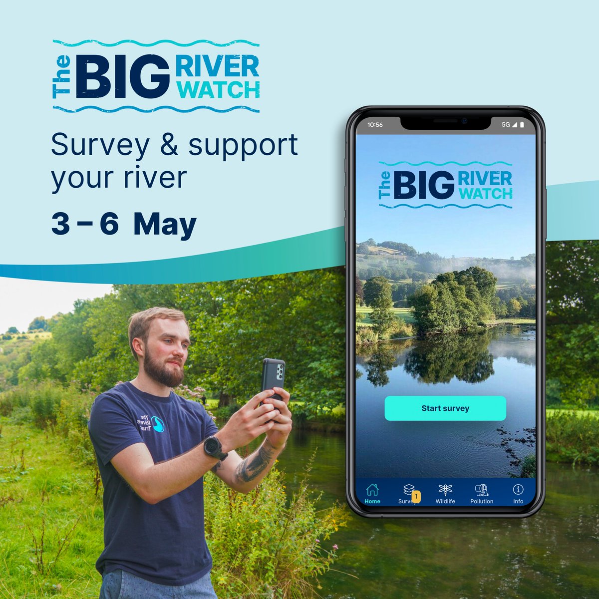 Are you ready for it? 

Tomorrow <a href="/TheRiversTrust/">The Rivers Trust</a> Big River Watch returns🥳 

Getting involved is easy:  

📷 Download the app
📷 Record things such as pollution and wildlife and gather crucial data on river health. 
3️⃣ Submit your findings