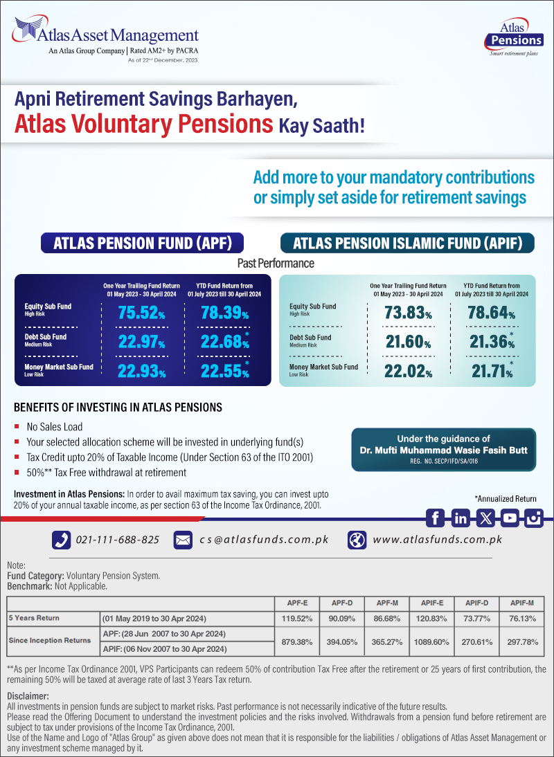 Let Your Savings Grow By Investing In Atlas Pensions!

Call us: 021-111-688-825 (MUTUAL) or visit atlasfunds.com.pk and start your investment journey with us!

#pensions #savings #investments #retirement #retirementplanning