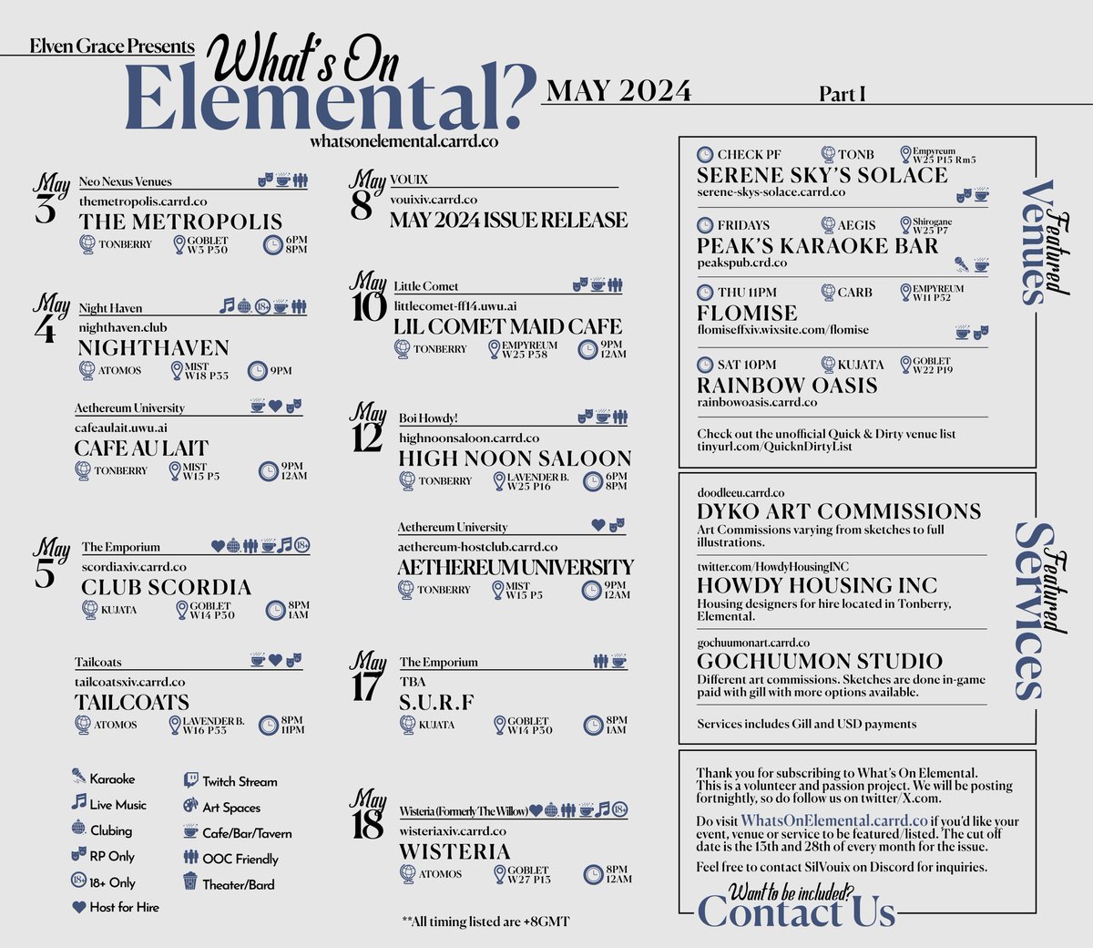 Dear loyal readers, we apologize for the delay, but here is the next issue of our newsletter! We hope that it proves useful to everyone!

Help our elves! Include your events, services, and venues, or check out our magazine at vouixiv.carrd.co! #ElementalDC #FFXIVRP