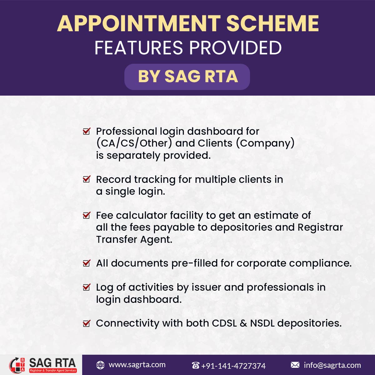 Take a look at what SAG RTA offers in terms of appointment schemes.
Read More:bit.ly/3U0xs9j
#Clients #CDSL #NSDL #dematerialization #shares #securities #SEBI #companies #registrarandtransferagent #Registrarandsharetransferagent #rtaservices #rtaagent #rtaforms #rtaIndia