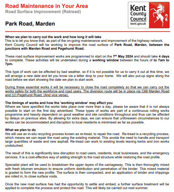 Marden, Park Road. Road closures from 7th-10th May (07:00-19:00 each day) for road surface improvement works: moorl.uk/?t2r54h #Kentresurfacingupdate #Kentpotholes